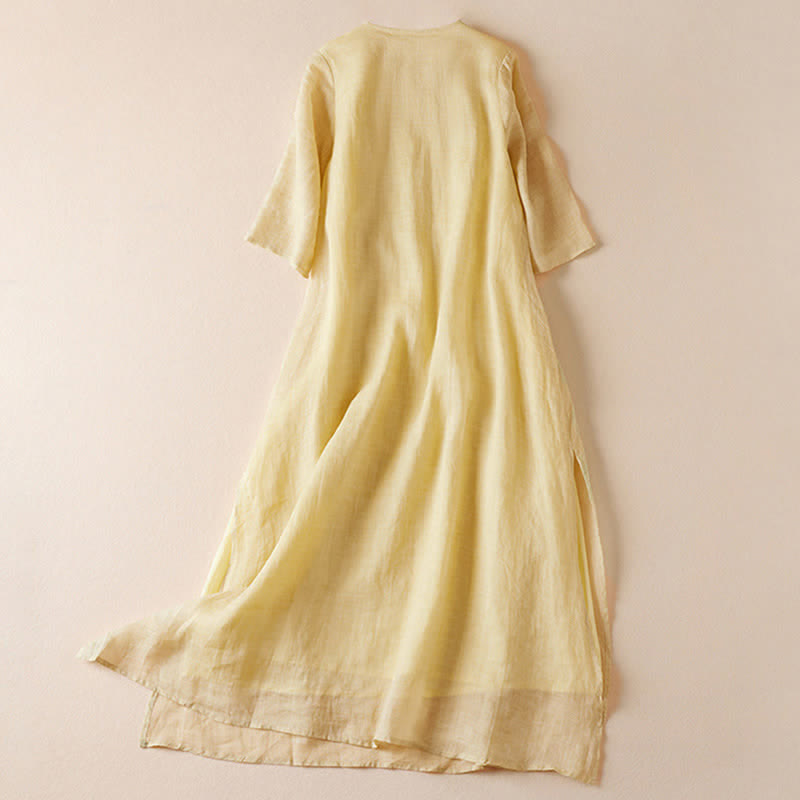 Buddha Stones刺繍入り葉っぱ柄クルーネック半袖ファイバーミディド​​レス - image 1