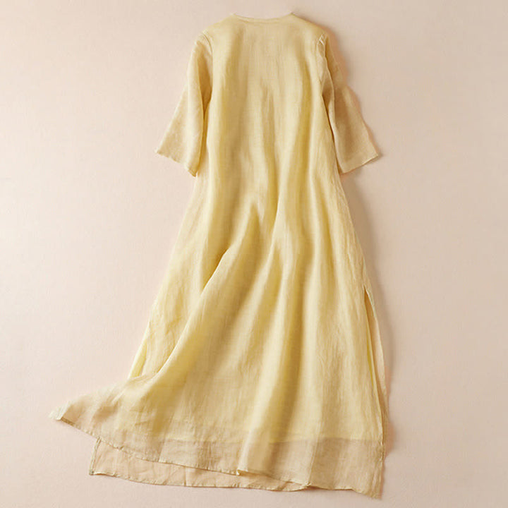 Buddha Stones刺繍入り葉っぱ柄クルーネック半袖ファイバーミディド​​レス - image 1