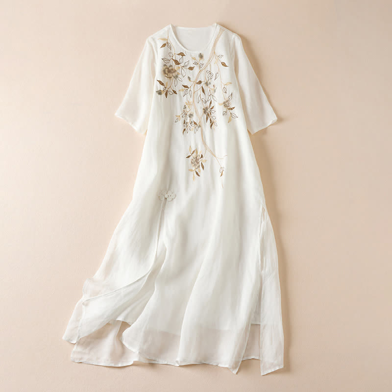 Buddha Stones刺繍入り葉っぱ柄クルーネック半袖ファイバーミディド​​レス - 雪 - US8-10，UK/AU12-14，EU40-42 (2XL) - image 7