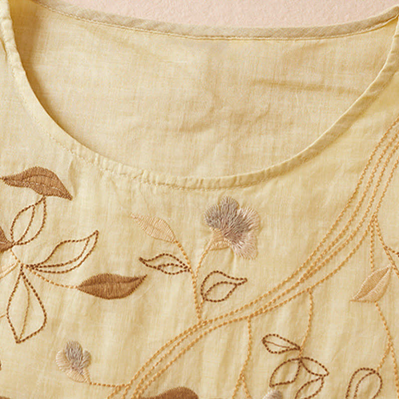 Buddha Stones刺繍入り葉っぱ柄クルーネック半袖ファイバーミディド​​レス - image 3
