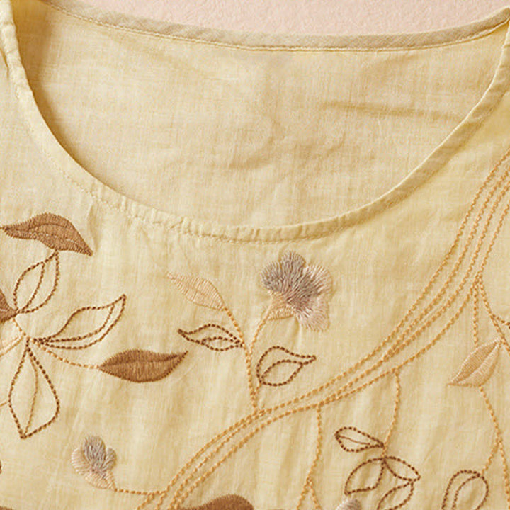 Buddha Stones刺繍入り葉っぱ柄クルーネック半袖ファイバーミディド​​レス - image 3