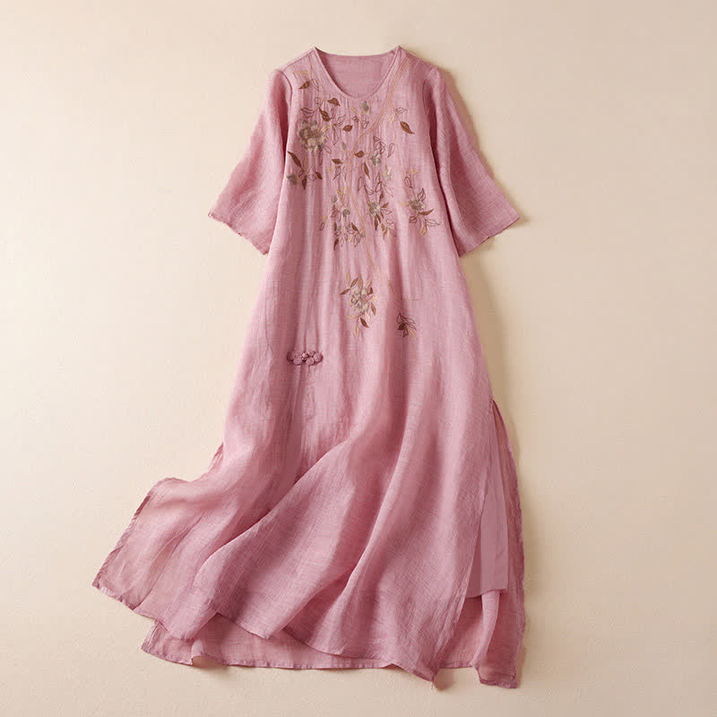 Buddha Stones刺繍入り葉っぱ柄クルーネック半袖ファイバーミディド​​レス - ピンク - US8-10，UK/AU12-14，EU40-42 (2XL) - image 14