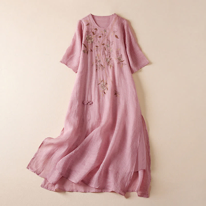 Buddha Stones刺繍入り葉っぱ柄クルーネック半袖ファイバーミディド​​レス - ピンク - US8-10，UK/AU12-14，EU40-42 (2XL) - image 14