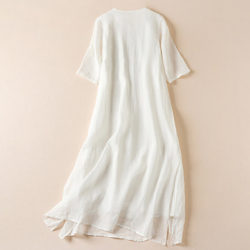 Buddha Stones刺繍入り葉っぱ柄クルーネック半袖ファイバーミディド​​レス - image 8