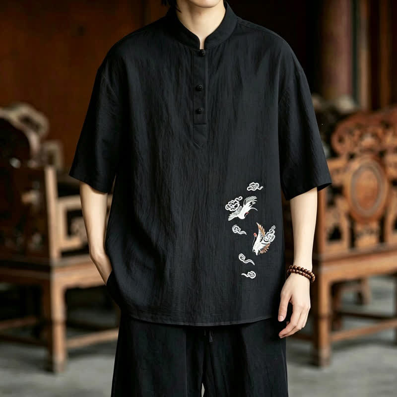 Buddha Stones 夏物唐風カジュアルマンダリンカラー刺繍鶴柄メンズ半袖シャツ - 黒 - US/UK/AU48, EU58 （6XL） - image 12