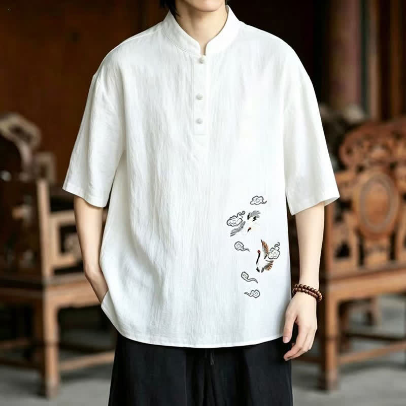 Buddha Stones 夏物唐風カジュアルマンダリンカラー刺繍鶴柄メンズ半袖シャツ - 白 - US/UK/AU48, EU58 （6XL） - image 0