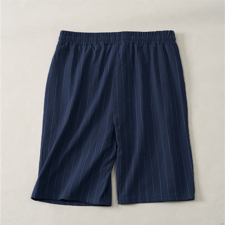 Buddha Stones 夏用カジュアルドローストリングストライプ柄メンズショートパンツ（ポケット付き） - image 1
