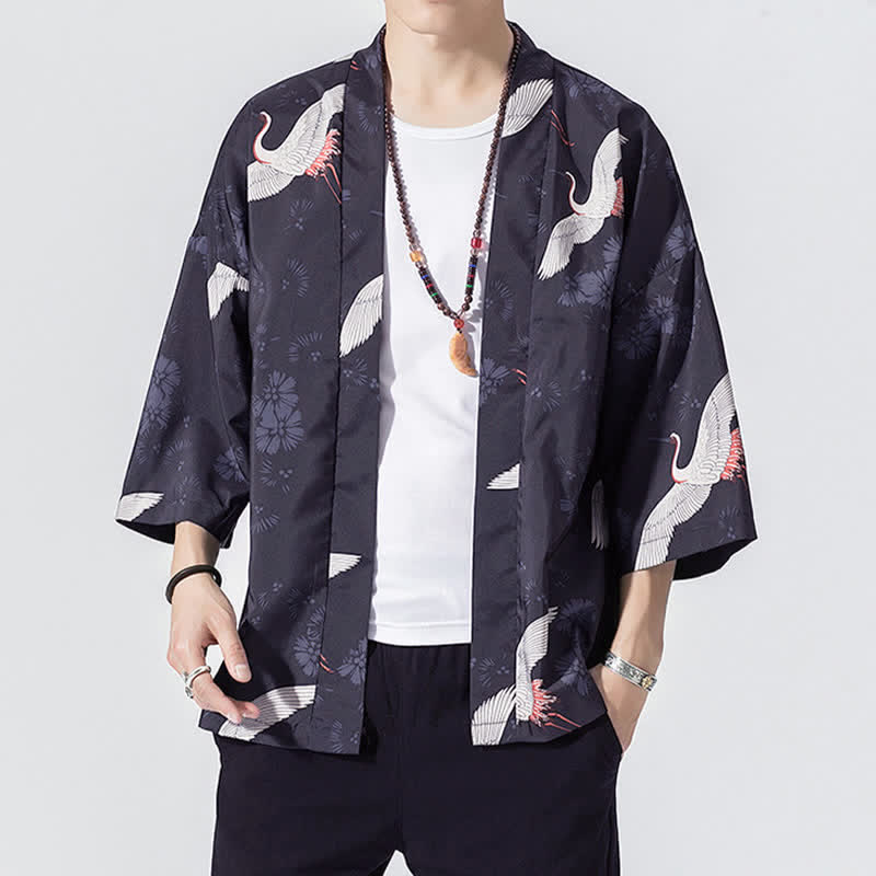 Buddha Stones 夏物カジュアル ヴィンテージ オープンフロント 鶴の波柄 メンズ着物 - 海軍 - US/UK/AU46, EU56 （5XL） - image 3