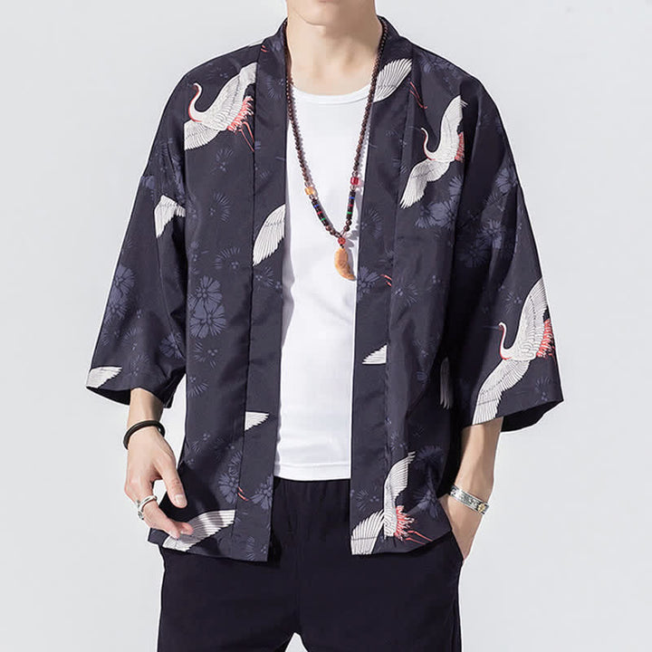 Buddha Stones 夏物カジュアル ヴィンテージ オープンフロント 鶴の波柄 メンズ着物 - 海軍 - US/UK/AU46, EU56 （5XL） - image 3