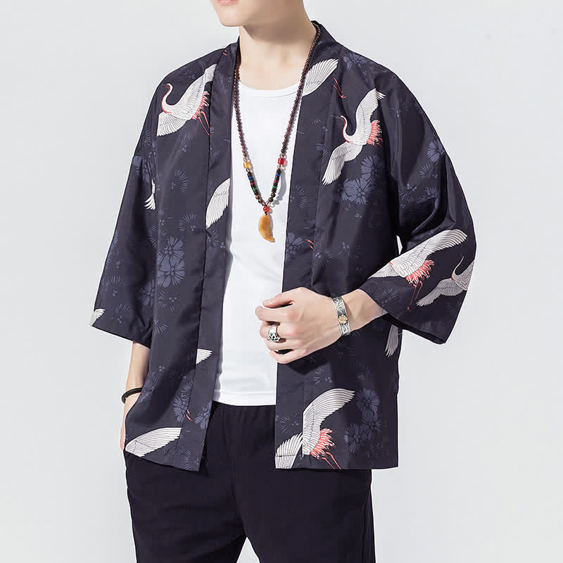 Buddha Stones 夏物カジュアル ヴィンテージ オープンフロント 鶴の波柄 メンズ着物 - image 5