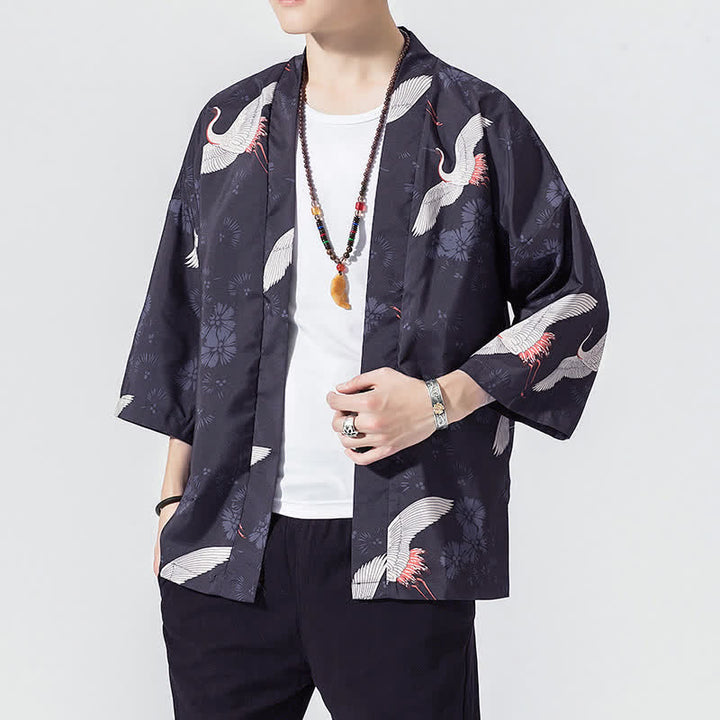 Buddha Stones 夏物カジュアル ヴィンテージ オープンフロント 鶴の波柄 メンズ着物 - image 5