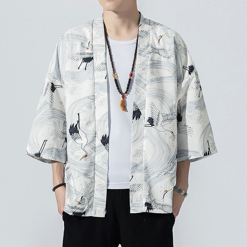 Buddha Stones 夏物カジュアル ヴィンテージ オープンフロント 鶴の波柄 メンズ着物 - 白 - US/UK/AU46, EU56 （5XL） - image 10