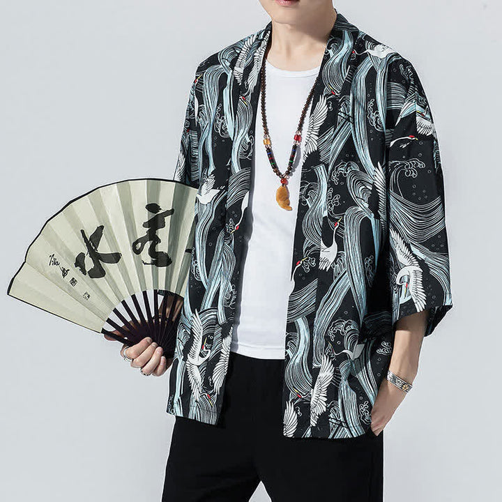 Buddha Stones 夏物カジュアル ヴィンテージ オープンフロント 鶴の波柄 メンズ着物 - 黒 - US/UK/AU46, EU56 （5XL） - image 0