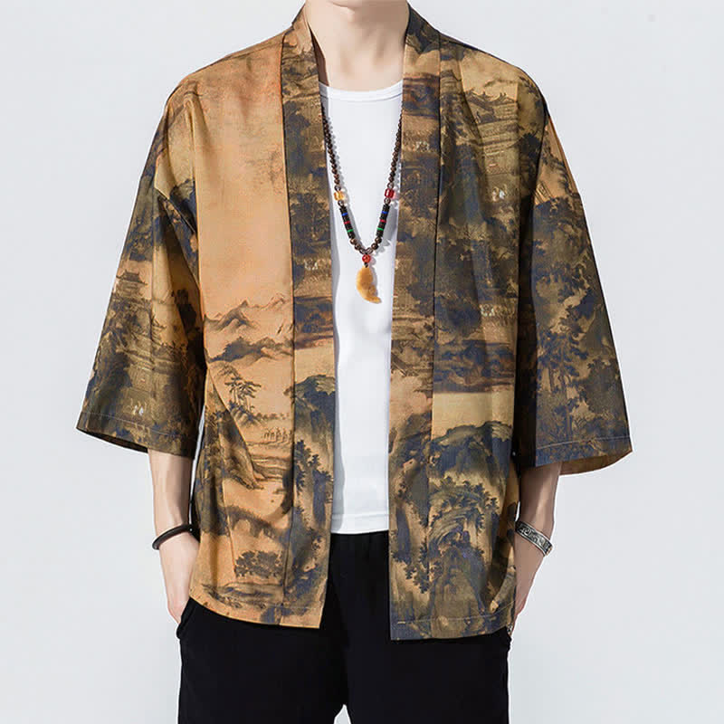 Buddha Stones 夏物カジュアル ヴィンテージ オープンフロント 鶴の波柄 メンズ着物 - ペルー - US/UK/AU46, EU56 （5XL） - image 7