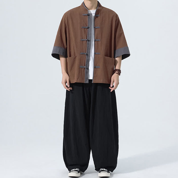 Buddha Stones 夏物カジュアル 唐草風カエルボタン 無地コットン メンズ半袖シャツ ポケット付き - image 14