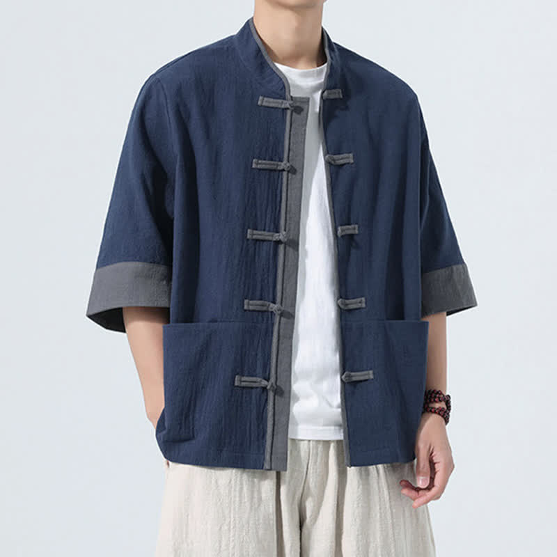 Buddha Stones 夏物カジュアル 唐草風カエルボタン 無地コットン メンズ半袖シャツ ポケット付き - image 5