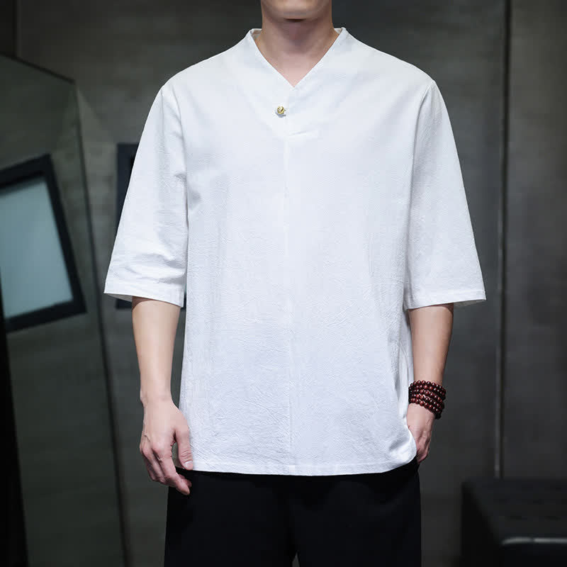 Buddha Stones 夏物カジュアル 唐スタイル マンダリンカラー 無地 メンズ半袖シャツ - 白 - US/UK/AU46, EU56 （5XL） - image 18