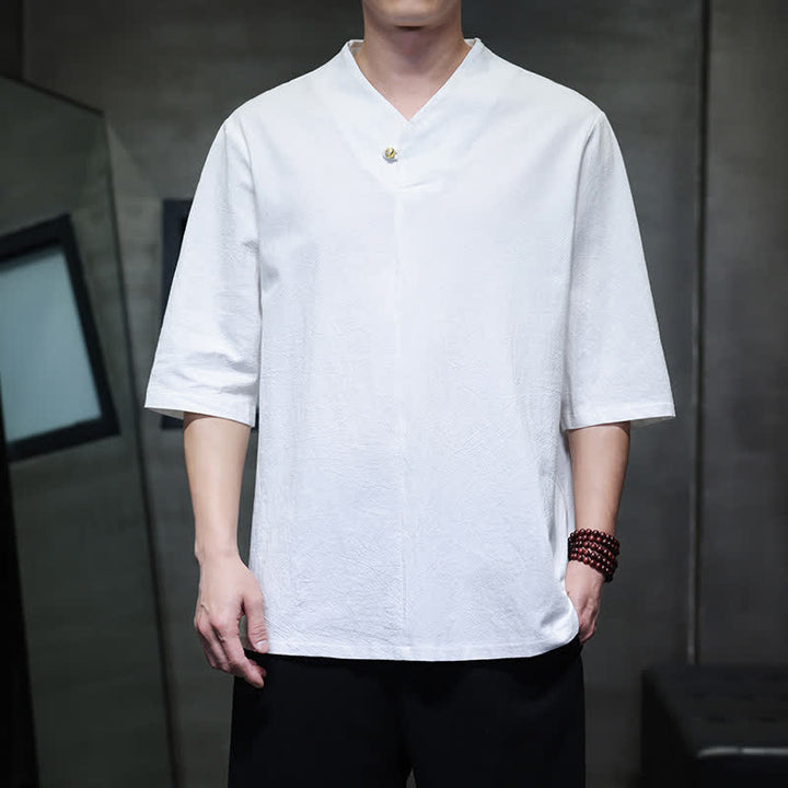 Buddha Stones 夏物カジュアル 唐スタイル マンダリンカラー 無地 メンズ半袖シャツ - 白 - US/UK/AU46, EU56 （5XL） - image 18