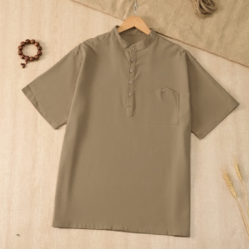 Buddha Stones 夏物カジュアル 唐スタイル マンダリンカラー 無地 メンズ半袖シャツ ポケット付き - タン - US/UK/AU42, EU52 （3XL） - image 0