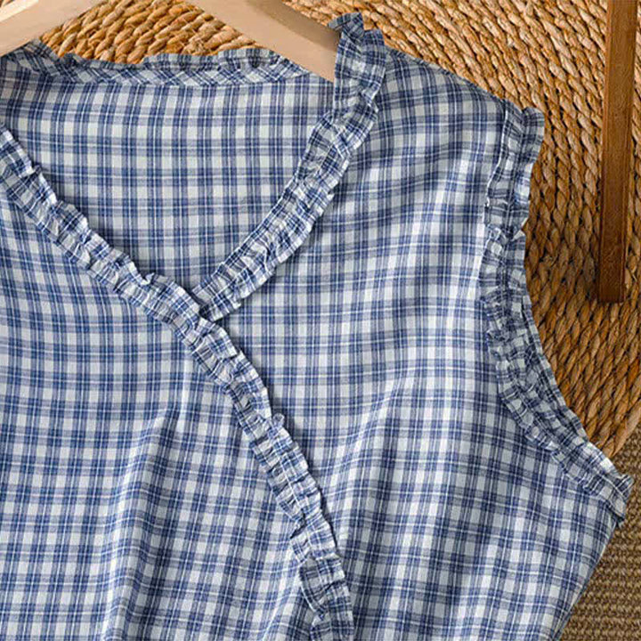 Buddha Stones 夏物カジュアルヴィンテージフリルVネックチェック柄タンクトップレディースノースリーブTシャツ - image 4