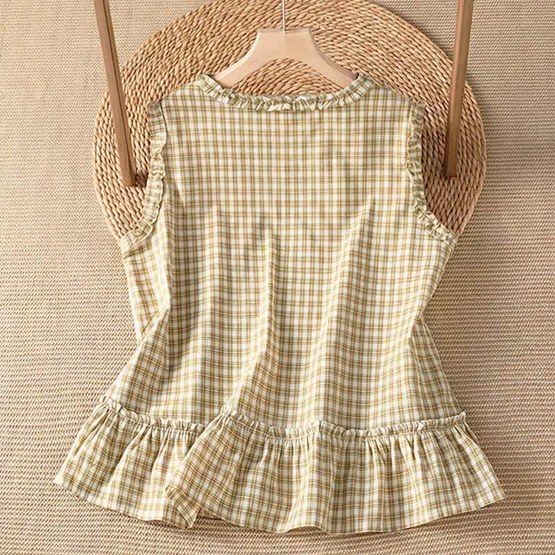 Buddha Stones 夏物カジュアルヴィンテージフリルVネックチェック柄タンクトップレディースノースリーブTシャツ - image 7