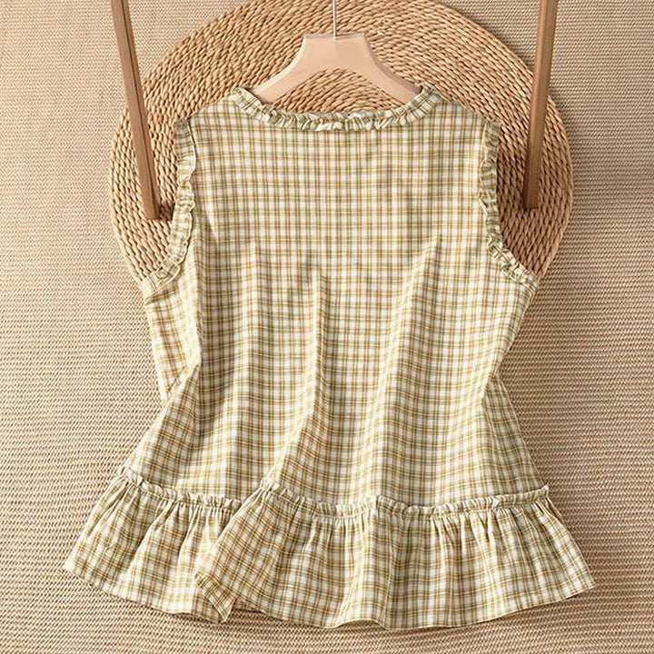 Buddha Stones 夏物カジュアルヴィンテージフリルVネックチェック柄タンクトップレディースノースリーブTシャツ - image 7