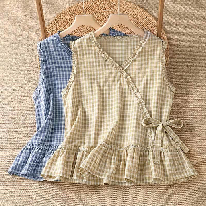 Buddha Stones 夏物カジュアルヴィンテージフリルVネックチェック柄タンクトップレディースノースリーブTシャツ - image 15