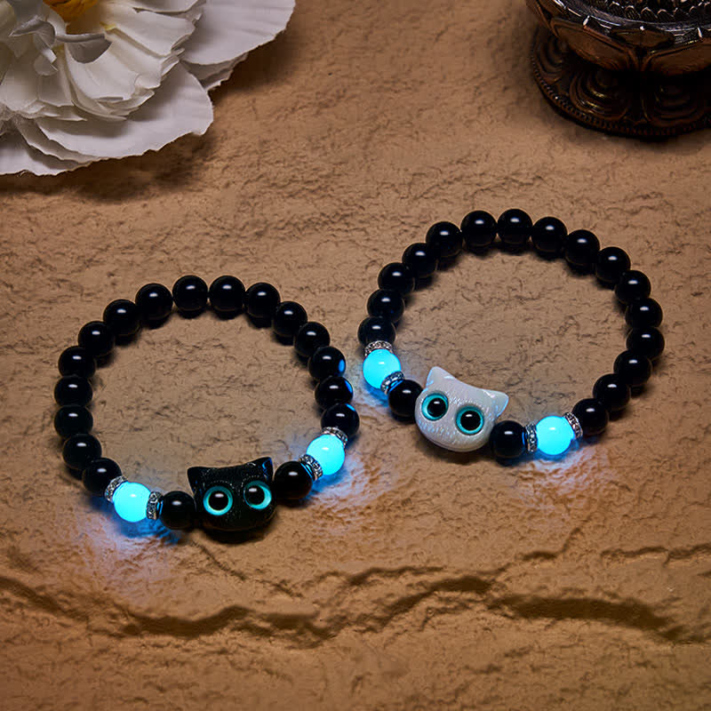 Buddha Stones 黒曜石のかわいい大きな目の猫の魔除けビーズブレスレット - image 0
