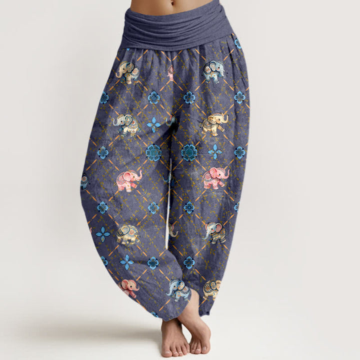 Buddha Stones コットンエレファント花柄 レディース ゴムウエスト ハーレムパンツ - スレートブルー - US16、 UK/AU20、 EU48 (3XL) - image 0