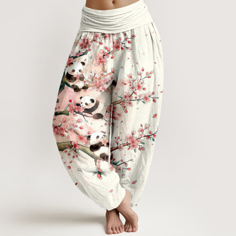 Buddha Stones コットンパンダ桜柄レディースゴムウエストハーレムパンツ - 白 - US16、 UK/AU20、 EU48 (3XL) - image 0