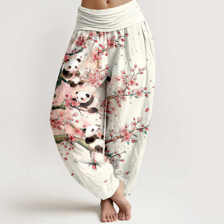 Buddha Stones コットンパンダ桜柄レディースゴムウエストハーレムパンツ - 白 - US16、 UK/AU20、 EU48 (3XL) - image 0