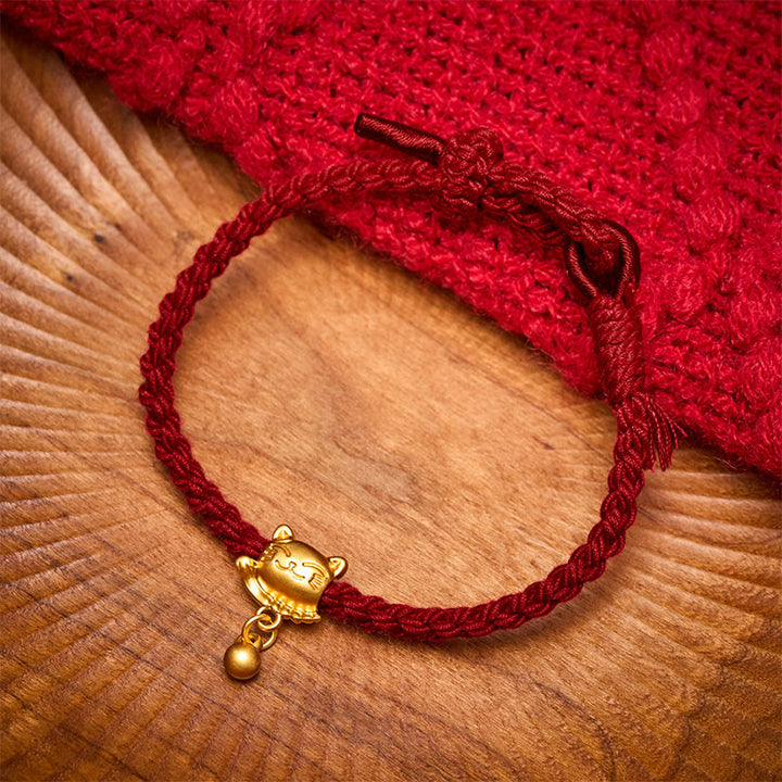 Buddha Stones チベットの赤紐と銅製の招き猫ドロップボールペンダント、手織りの守護ブレスレット - image 1