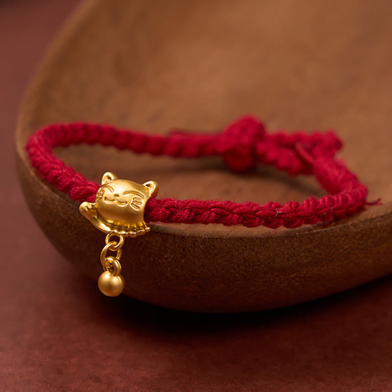 Buddha Stones チベットの赤紐と銅製の招き猫ドロップボールペンダント、手織りの守護ブレスレット - ダークレッド（手首周り15～17cm） - image 0