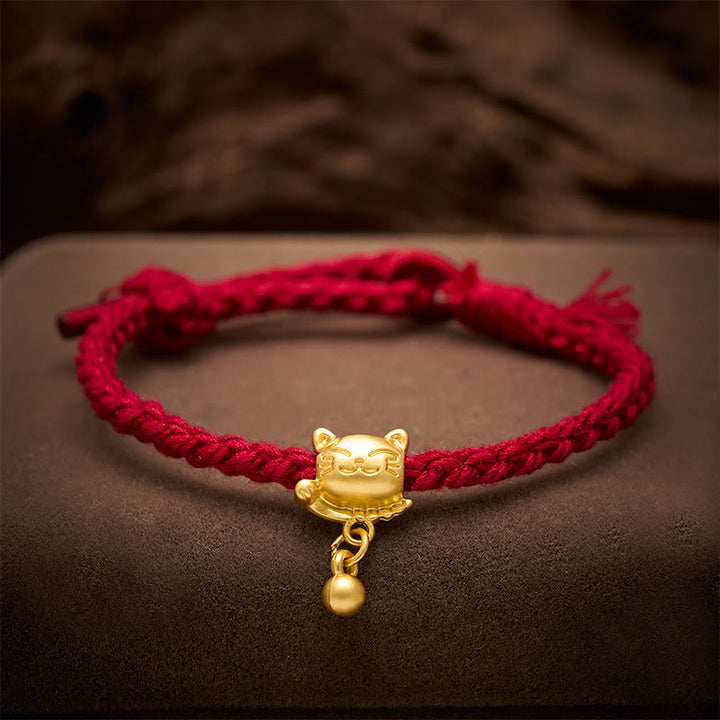 Buddha Stones チベットの赤紐と銅製の招き猫ドロップボールペンダント、手織りの守護ブレスレット - image 3