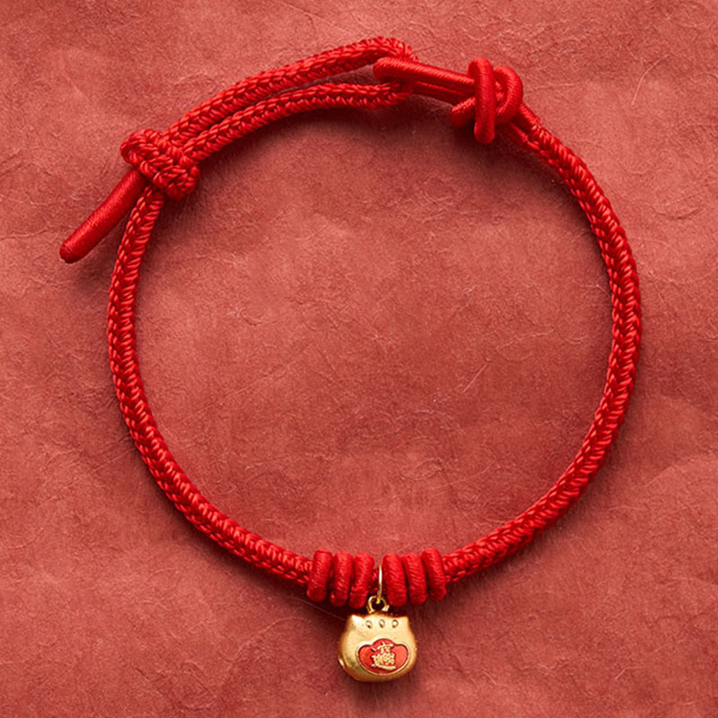Buddha Stones ゴールドメッキ925スターリングシルバー製猫モチーフの赤紐守護ブレスレット - image 3