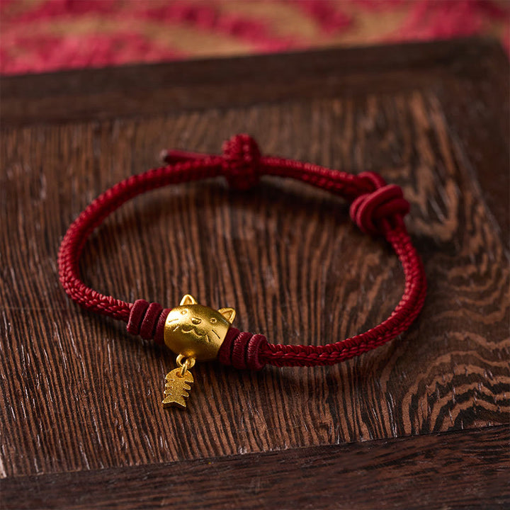 Buddha Stones 銅製のかわいい猫魚モチーフの赤紐のヒーリングブレスレット - image 2