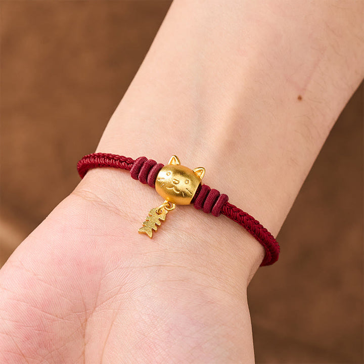 Buddha Stones 銅製のかわいい猫魚モチーフの赤紐のヒーリングブレスレット - image 5