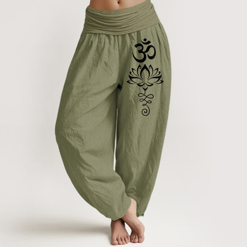 Buddha Stones 純綿ロータスオム柄レディースゴムウエストハーレムパンツ - オリーブドラブ - US16、 UK/AU20、 EU48 (3XL) - image 14