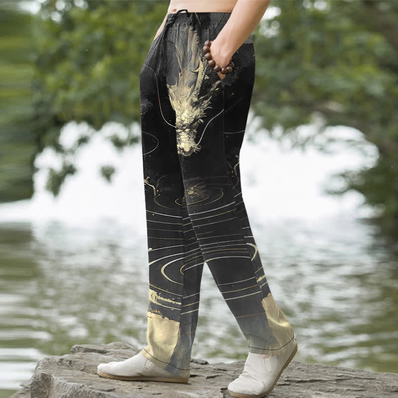 Buddha Stones 綿素材、金色の龍の波模様、ポケット付きメンズテーパードパンツ - image 5
