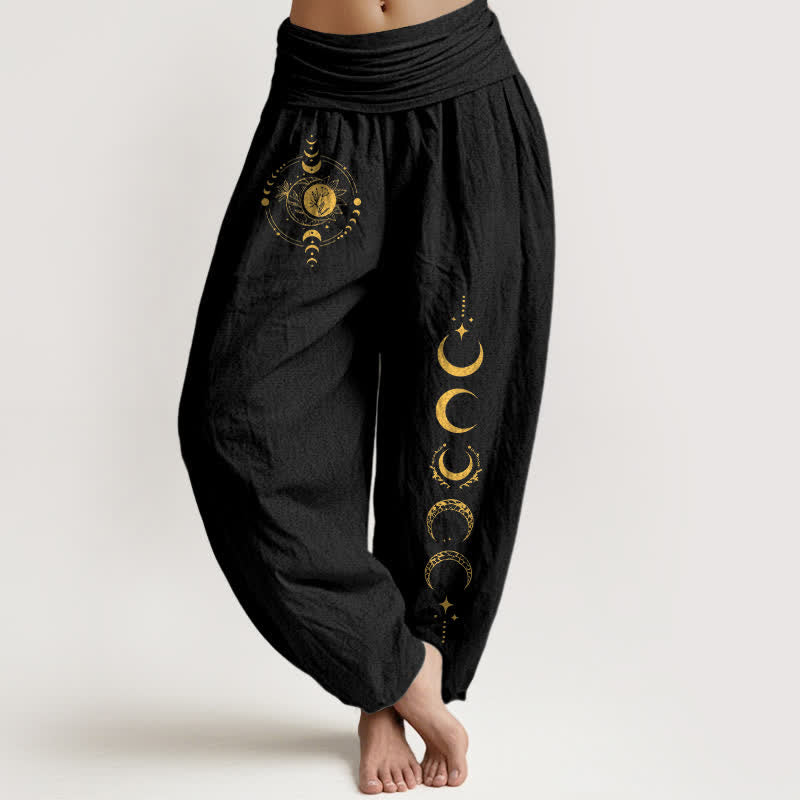 Buddha Stones 純綿ゴールデンムーンフェーズ柄レディースゴムウエストハーレムパンツ - 黒 - US16、 UK/AU20、 EU48 (3XL) - image 0