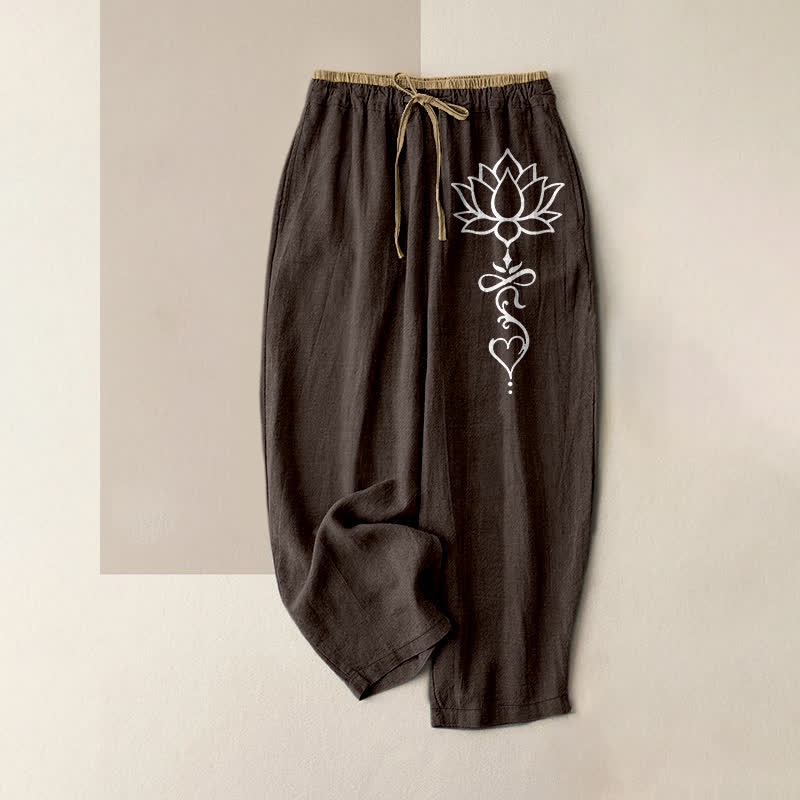 Buddha Stones 純綿素材、白蓮柄、ウエストゴム、ポケット付きレディースパンツ - サドルブラウン - US16、 UK/AU20、 EU48 (3XL) - image 4