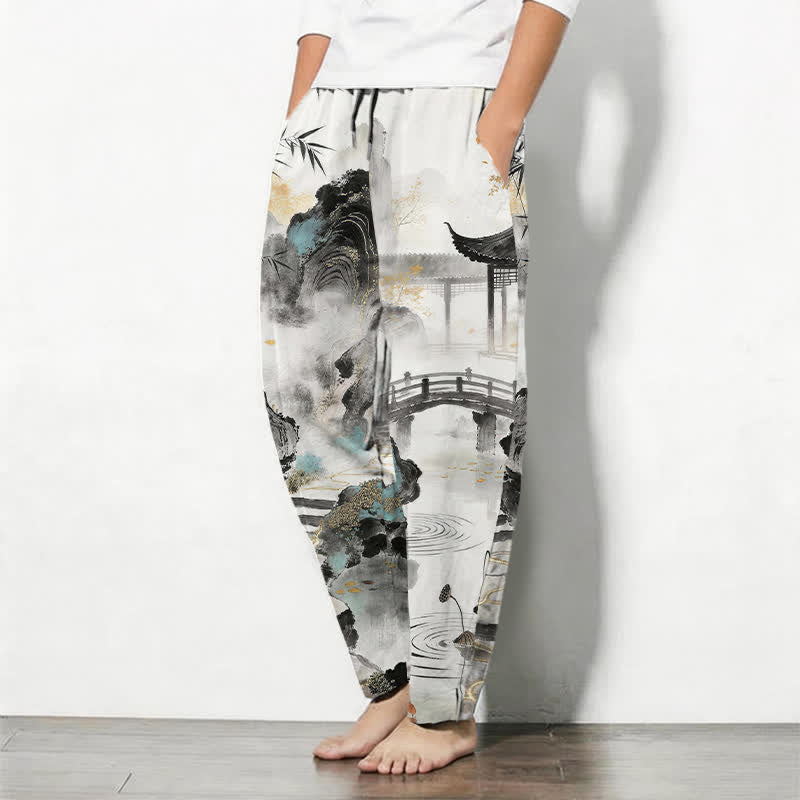 Buddha Stones 純綿インク風景竹柄ドローストリング付きメンズテーパードパンツ（ポケット付き） - image 1