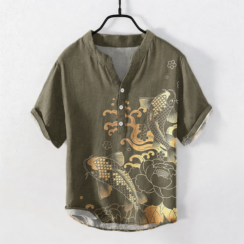 Buddha Stones 綿素材の鯉と鯉メンズ半袖ハーフボタンシャツ - ダークカーキ - US/UK/AU50、EU60（5XL） - image 0