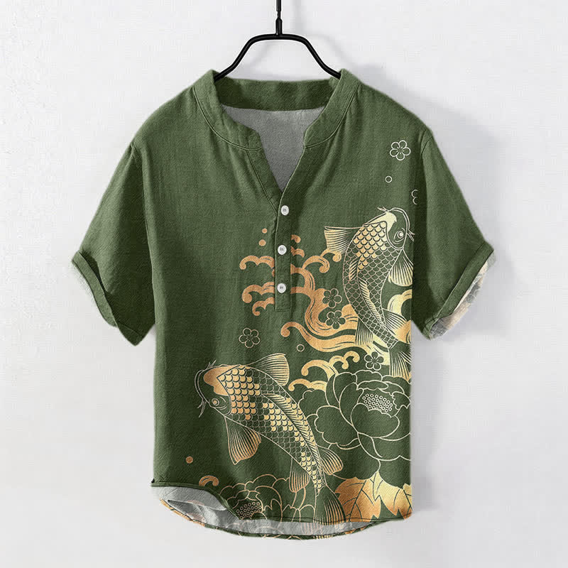 Buddha Stones 綿素材の鯉と鯉メンズ半袖ハーフボタンシャツ - オリーブドラブ - US/UK/AU50、EU60（5XL） - image 7