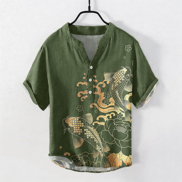 Buddha Stones 綿素材の鯉と鯉メンズ半袖ハーフボタンシャツ - オリーブドラブ - US/UK/AU50、EU60（5XL） - image 7