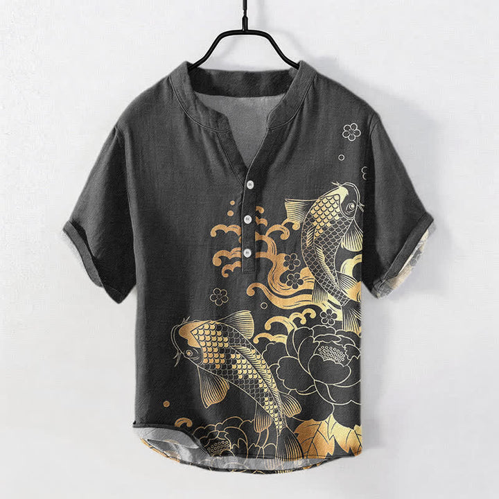 Buddha Stones 綿素材の鯉と鯉メンズ半袖ハーフボタンシャツ - 薄暗い灰色 - US/UK/AU50、EU60（5XL） - image 5