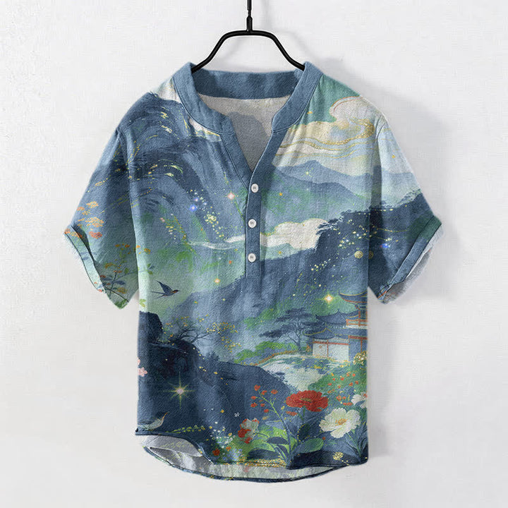 Buddha Stones コットンインクウォッシュ風景柄メンズ半袖ハーフボタンシャツ - カデットブルー - US/UK/AU50、EU60（5XL） - image 0