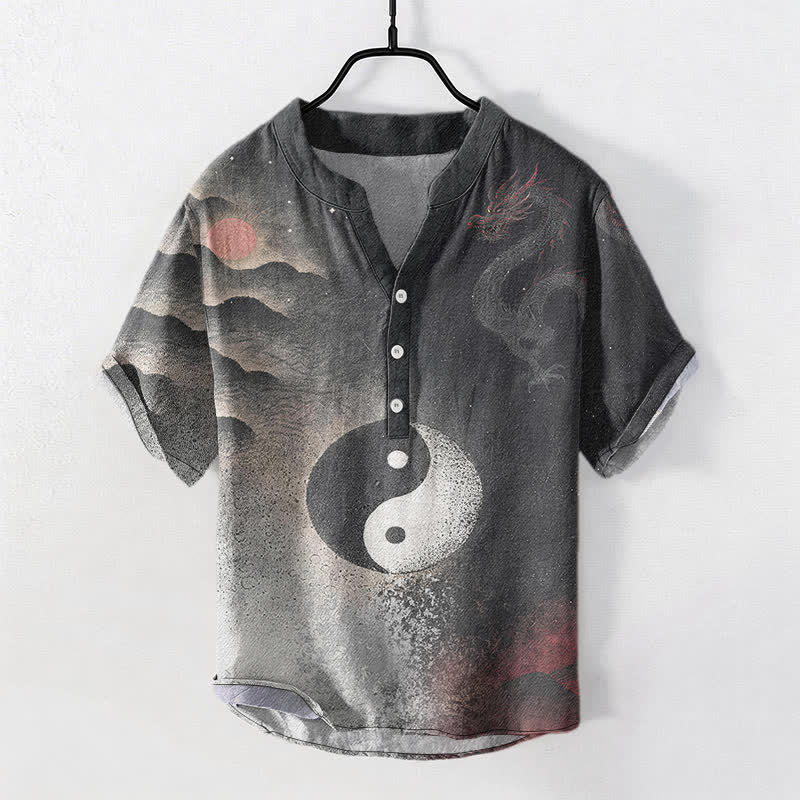 Buddha Stones コットン素材の陰陽メンズ半袖ハーフボタンシャツ - 黒 - US/UK/AU50、EU60（5XL） - image 0