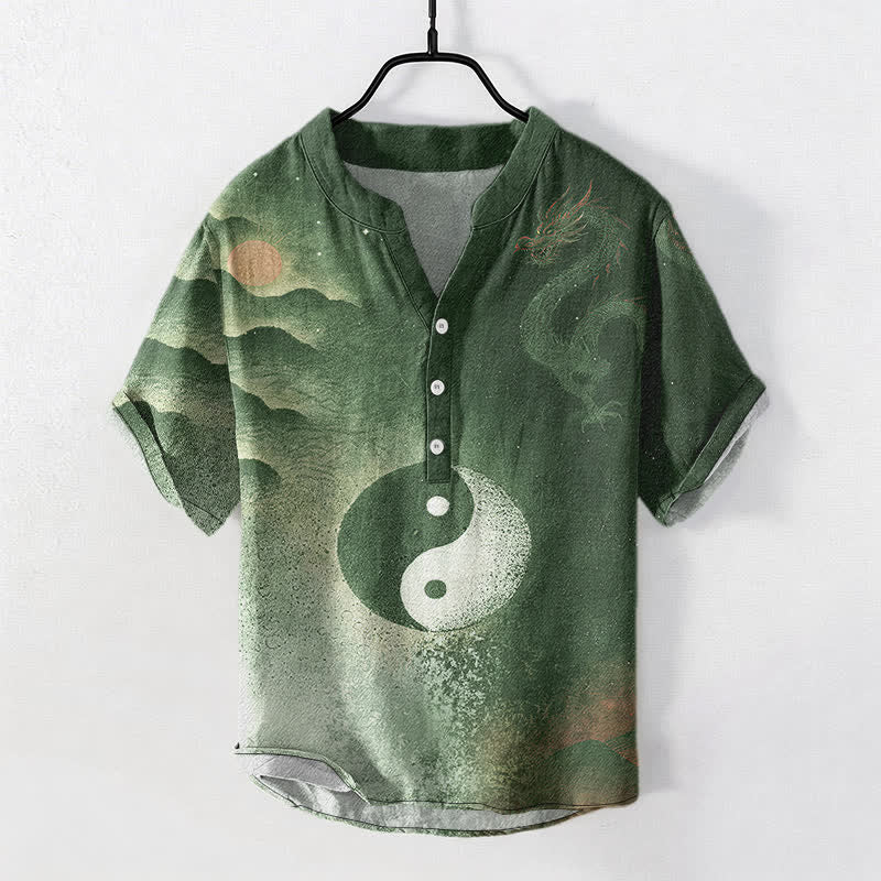 Buddha Stones コットン素材の陰陽メンズ半袖ハーフボタンシャツ - ダークオリーブグリーン - US/UK/AU50、EU60（5XL） - image 7