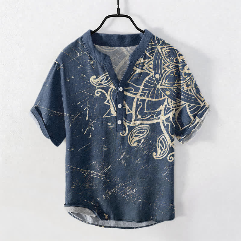 Buddha Stones コットン製ヴィンテージマンダラ花柄メンズ半袖ハーフボタンシャツ - 海軍 - US/UK/AU50、EU60（5XL） - image 0